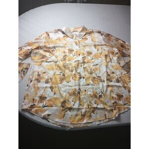 Susan Graver Printed Stretch Charmeuse Top Yellow Brown Button up 3XP